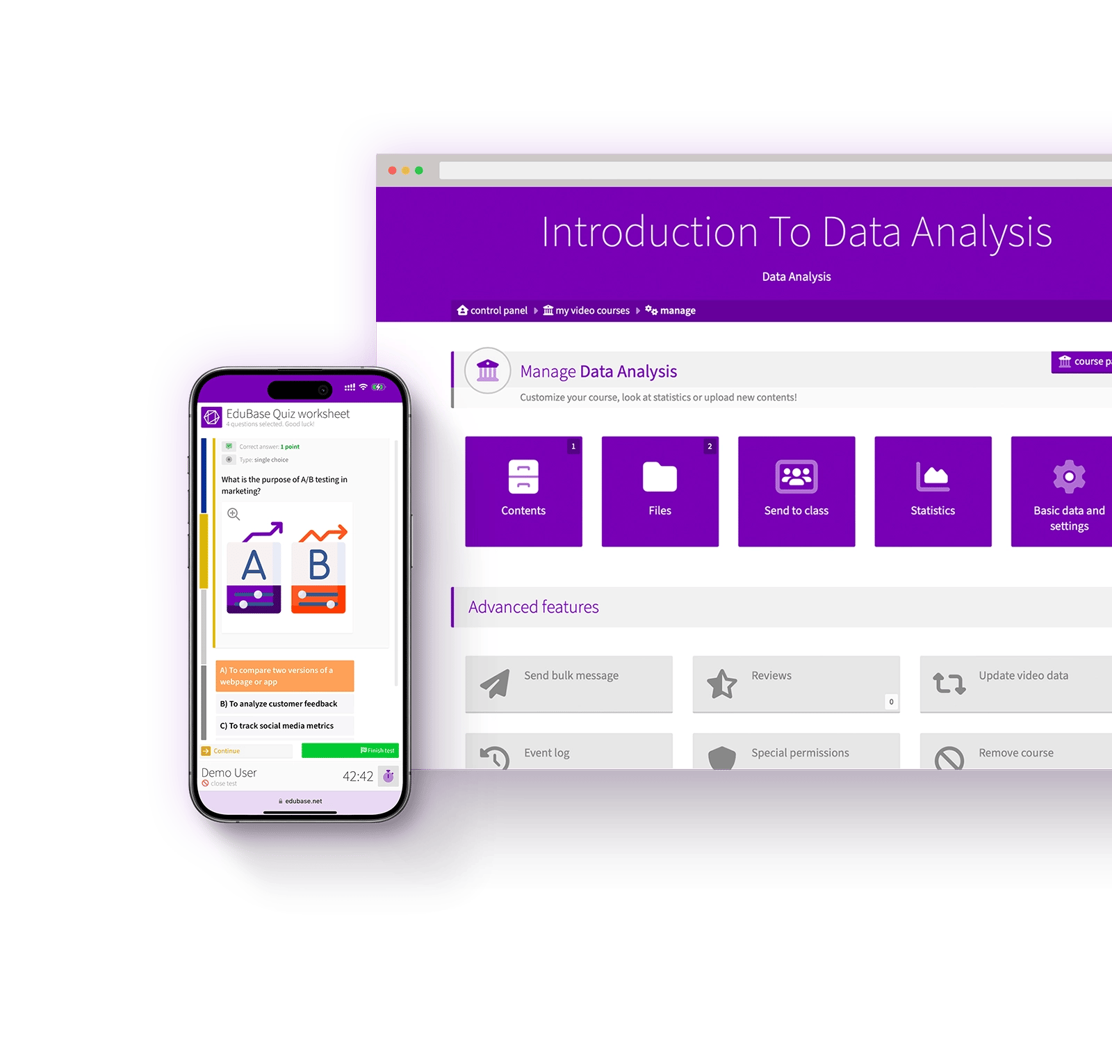 Browser and iPhone showing EduBase interfaces
